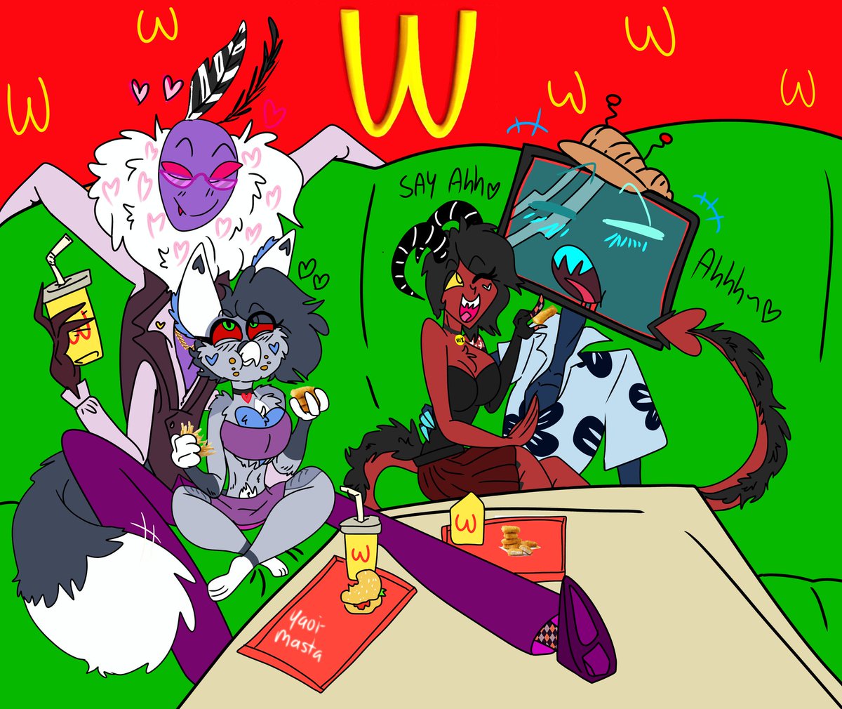 Yaoi_masta's tweet photo. May the ship endures~
Double date with #VOX and #valentino 
@AzurasHellHouse and @anxiousaftrdark ~♡♡♡
zuzu loves her nuggets~♡

@HazbinOcGallery #HHOC #art #HazbinHotelValentino #digitalart #HazbinHotelvox #ArtistOnTwitter #HazbinHotelFanart #wackdonalds https://t.co/kQeSrecuqe