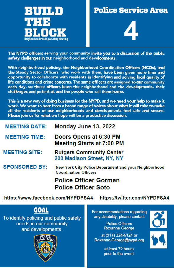 NYPDPSA4's tweet photo. Residents of the Baruch, Gompers and Vladeck #NYCHA Housing Developments; Please join your fellow #PSA4 NCOs for their Semi-Annual Build the Block meeting tonight! Details are posted in the image below! https://t.co/TlUKapNBMc