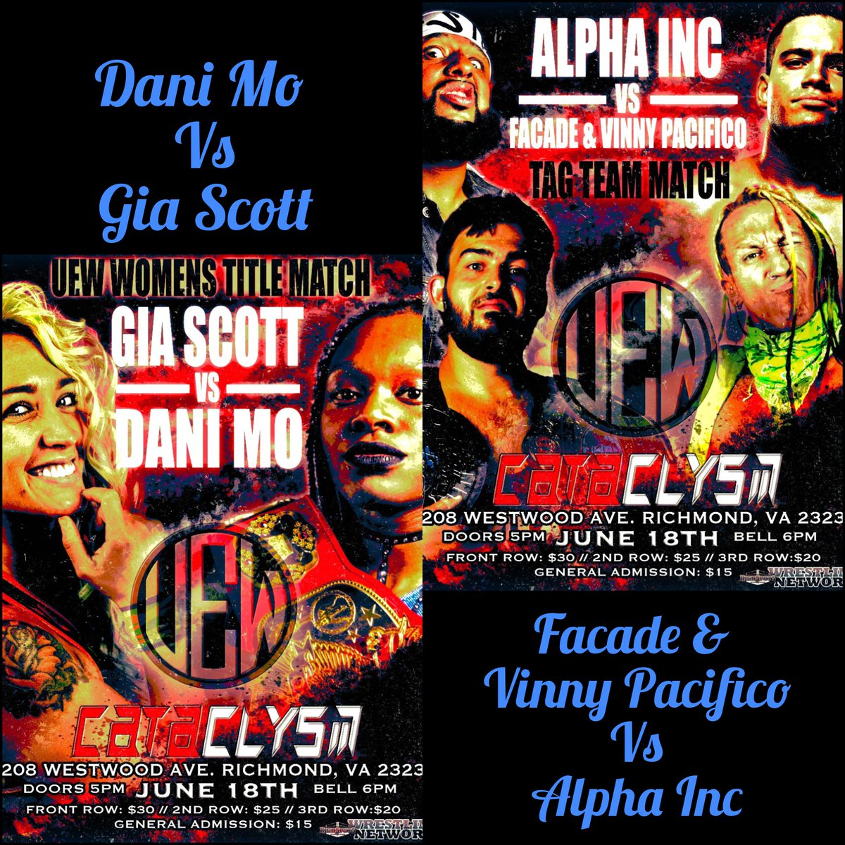 realdanimo's tweet photo. @theneonblondes debut for @UnitedEliteRVA & will be coming home as Champions!
💥Womens Title Match
@realdanimo vs @TheGiaScott
💥Tag Match
@1FACADE & @VinnyPacifico1
Vs #AlphaInc https://t.co/2uHIDxUrFh