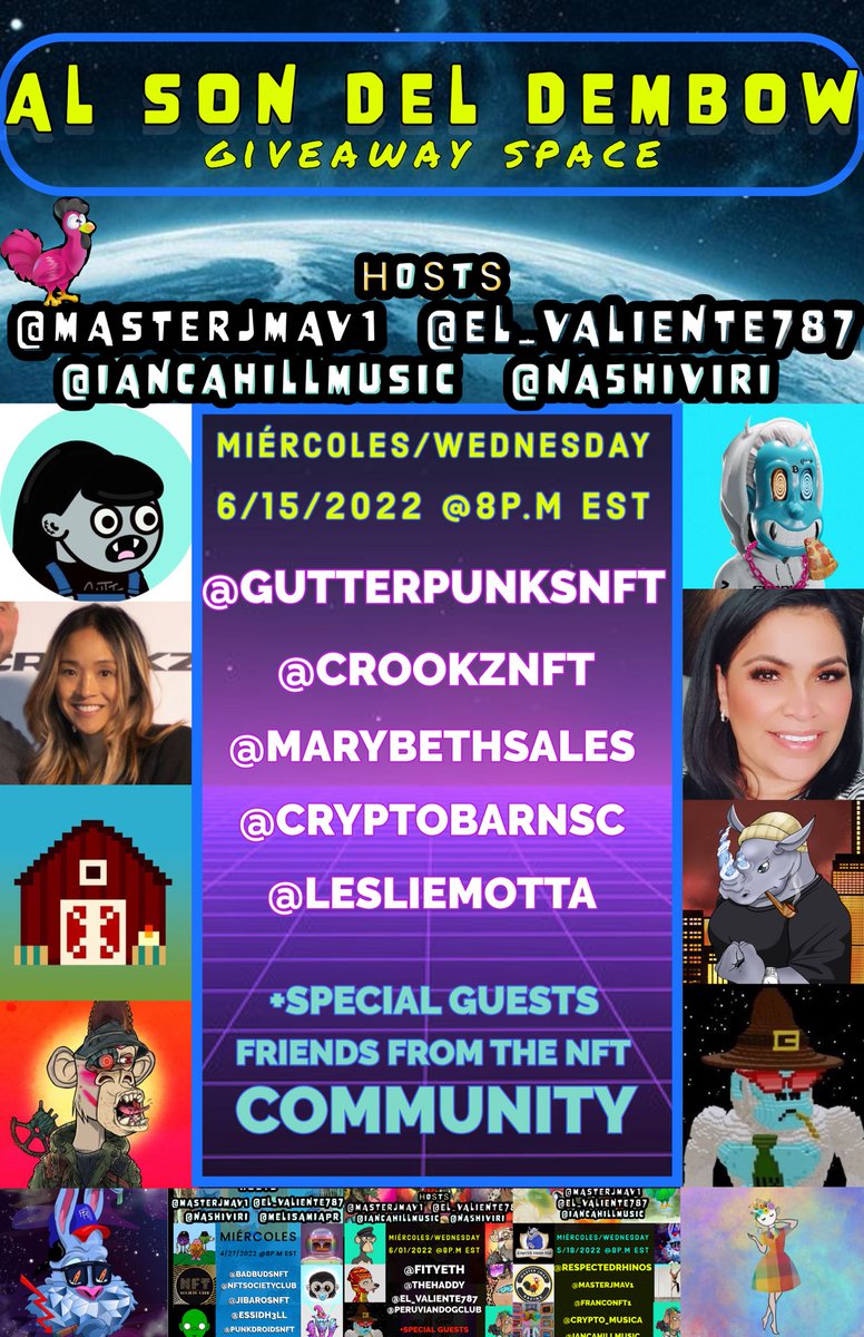 🎉Al Son del Dembow🎉
 #Giveaways Space Ep 13 🔥
 🗓 6/15/22 at 8:00pm EST 

To participate:

1. Like &amp; RT (pinned tweets)

2. Be present during the during the space 👇

x.com/i/spaces/1rmxP…

@Darlene_Pizarro <a href="/gutterpunksnft/">GutterPunks</a> @crookznft <a href="/MaryBethSales/">Mary Beth Sales 🇺🇸</a> <a href="/LeslieM0tta/">Leslie Motta</a> <a href="/CryptoBarnSC/">CryptoBarn Social Club</a>