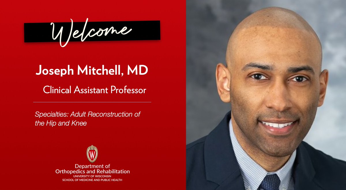 Joseph Mitchell, MD, a fellowship-trained orthopedic surgeon specializing in adult reconstruction of the hip and knee, joins the UW @SMPH Department of Orthopedics & Rehabilitation. Welcome aboard, Dr. Mitchell! bit.ly/3Qjd55X