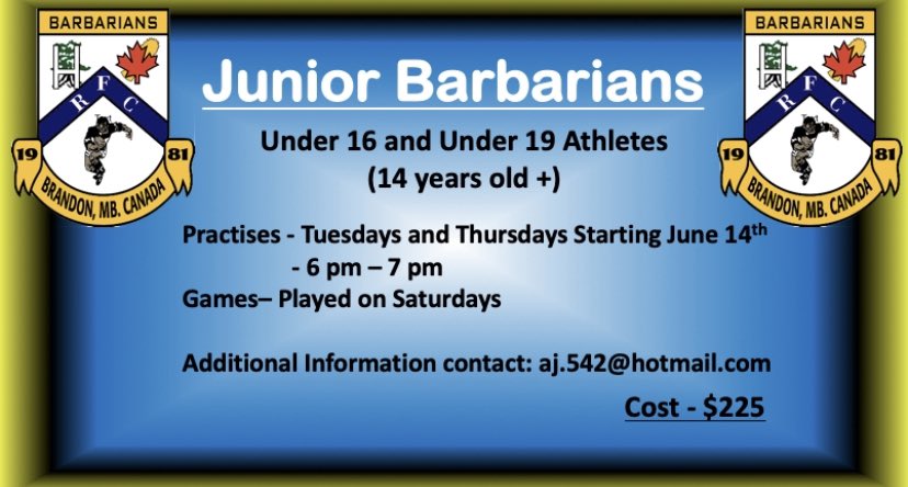 Calling all Junior Mens Barbarians! We will be starting our U16 and U19 junior barbs practises tomorrow! From 6-7 all Athletes interested please come down to John Reilly Fields and try it out!