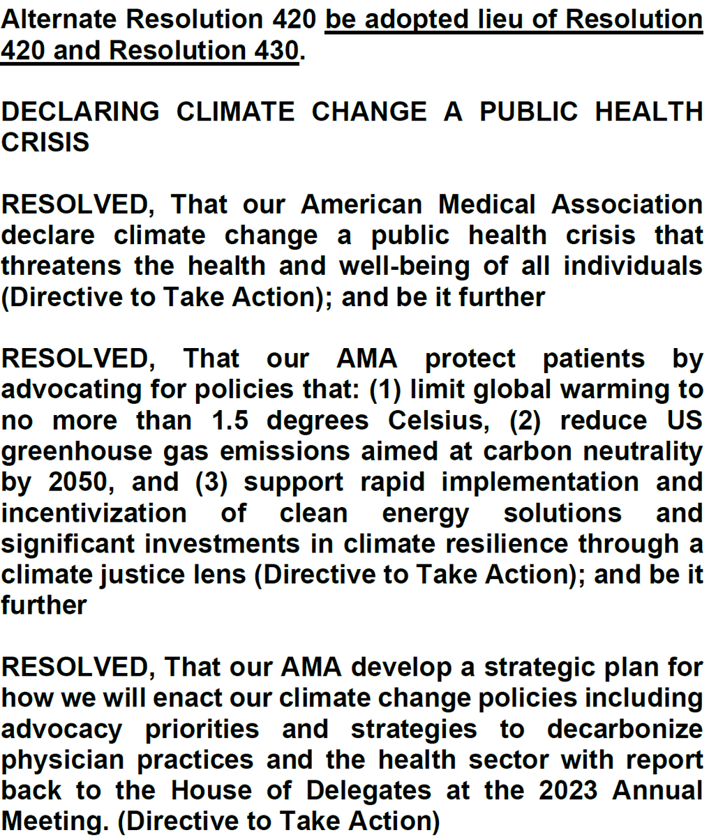 amarkelkar's tweet photo. The @AmerMedicalAssn has declared climate change a public health crisis and will be advocating for climate change goals outlined by the Intergovernmental Panel on Climate Change, and developing a strategic plan for addressing health impacts of #climatechange! #AMAMtg #AMA175 https://t.co/8tsmmFmtTj