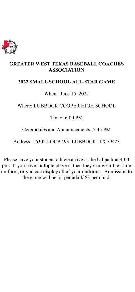 Congratulations to Jordan Aubrey, Colby Henderson, Harley Patterson, and Jonas Rodriguez for being selected to play in the GWTBCA All Star Game this Wednesday at Lubbock Cooper High School at 6:00!