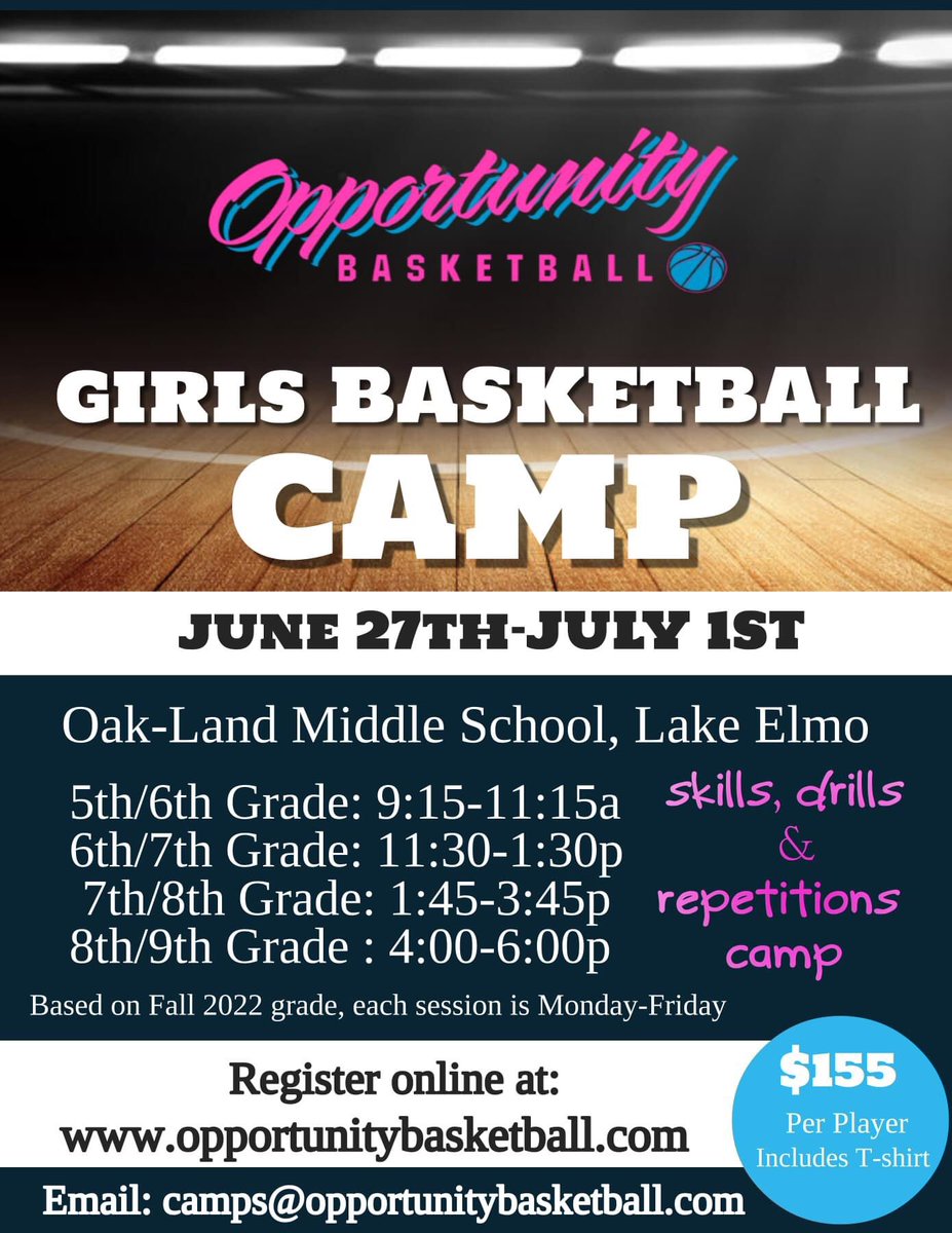 Opptybasketball's tweet photo. We are 2 weeks out, today is the last day to sign up for camp, if you want a free t-shirt. Tell some teammates to sign up, it’s going to be a fun week in the gym! https://t.co/8QantzON7p