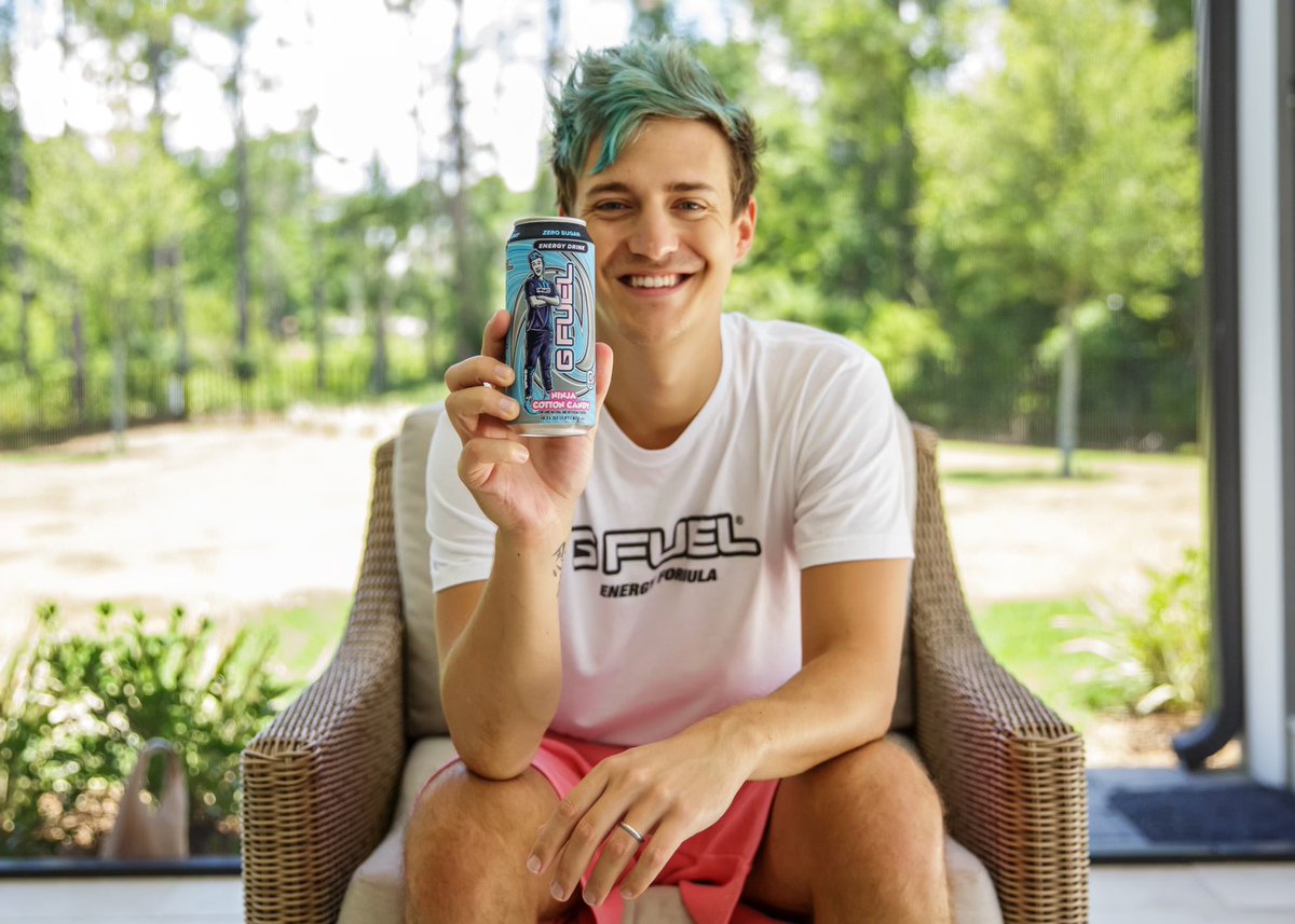 Ninja's tweet photo. IT’S GAME TIME BABY 🎉
 
Introducing my very own @GFUELEnergy flavor, NINJA Cotton Candy. You can get it in a can exclusively Walmart TODAY! https://t.co/rkQxT9vrqB