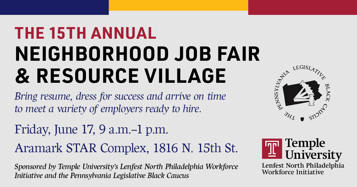 TempleUniv's tweet photo. Join us for the 15th Annual Neighborhood Job Fair! Bring your resume and dress for success. All are welcome to attend and meet with a variety of employers. 

Details: https://t.co/RbHDked88V https://t.co/Eir5pIz1PI