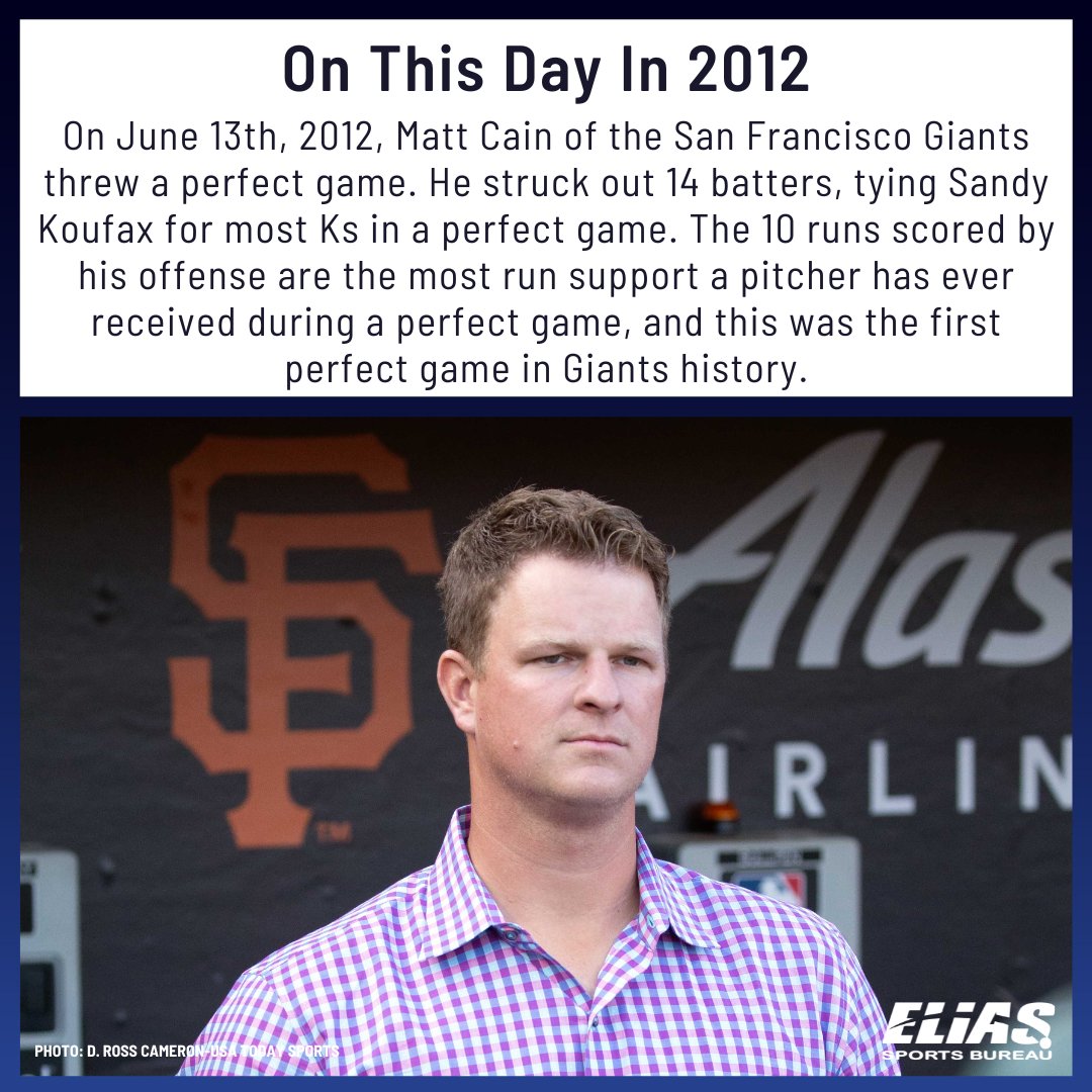 Elias Sports Bureau on X: On this day in 2012, Matt Cain of the San  Francisco Giants threw a perfect game! Cain managed 14 Ks, tied for the  most ever in a