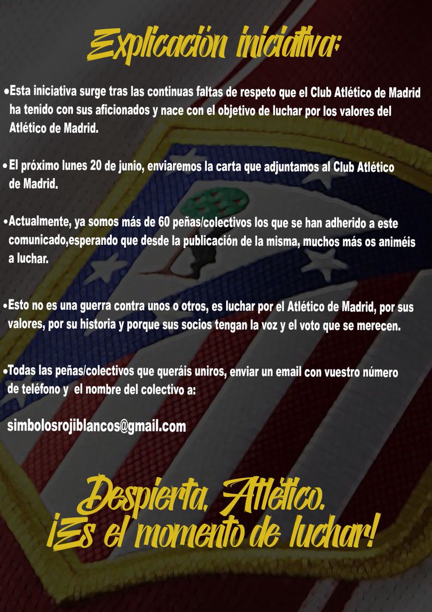 EscudoAtleti1's tweet photo. Varias peñas y colectivos nos estamos uniendo para enviar un escrito conjunto al @Atleti el lunes 20 de junio. ¡Únete con nosotros!

Es el momento de despertar y luchar por lo nuestro antes de que sea más tarde. 

¡Basta ya de atropellar nuestros símbolos!

#AtleticoDespierta https://t.co/tZPNbdSaxl