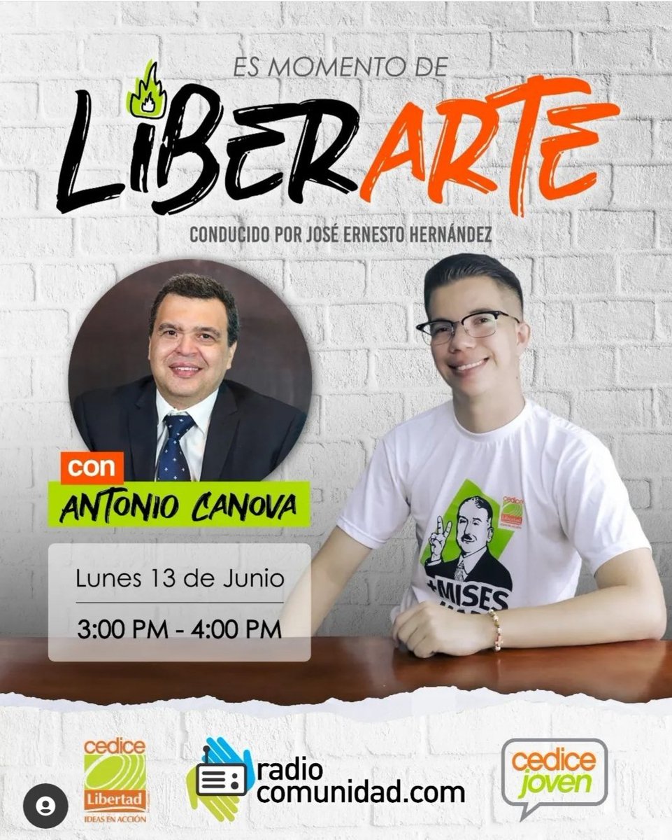 Un Estado de Derecho (UED) (@uedlibertad) on Twitter photo No se pierdan este LIBER ARTE con el profesor <a href="/antoniocanovag/">Antonio Canova</a> en <a href="/CEDICEJoven/">Cedice Joven</a>, <a href="/Radio_Comunidad/">Radiocomunidad.com</a> y <a href="/CEDICE/">Cedice Libertad</a>
Con José Ernesto Hernández
Los jóvenes en Venezuela son los grandes impulsores de las ideas de libertad
#LibertadEducativa
#GenteLibreYEspontánea
#ElBelloÁrbolVenezuela No se pierdan este LIBER ARTE con el profesor <a href="/antoniocanovag/">Antonio Canova</a> en <a href="/CEDICEJoven/">Cedice Joven</a>, <a href="/Radio_Comunidad/">Radiocomunidad.com</a> y <a href="/CEDICE/">Cedice Libertad</a>
Con José Ernesto Hernández
Los jóvenes en Venezuela son los grandes impulsores de las ideas de libertad
#LibertadEducativa
#GenteLibreYEspontánea
#ElBelloÁrbolVenezuela