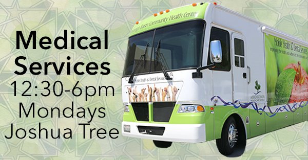 The MMU will be out at 61657 29 Palms Hwy near the old Ink &amp; Steel building from 12:30-6:00 pm to provide healthcare services in JT. Medi-Cal, IEHP, &amp;most insurance is accepted. An adjusted fee is available to those who qualify, so that anyone may seek care for a nominal fee.