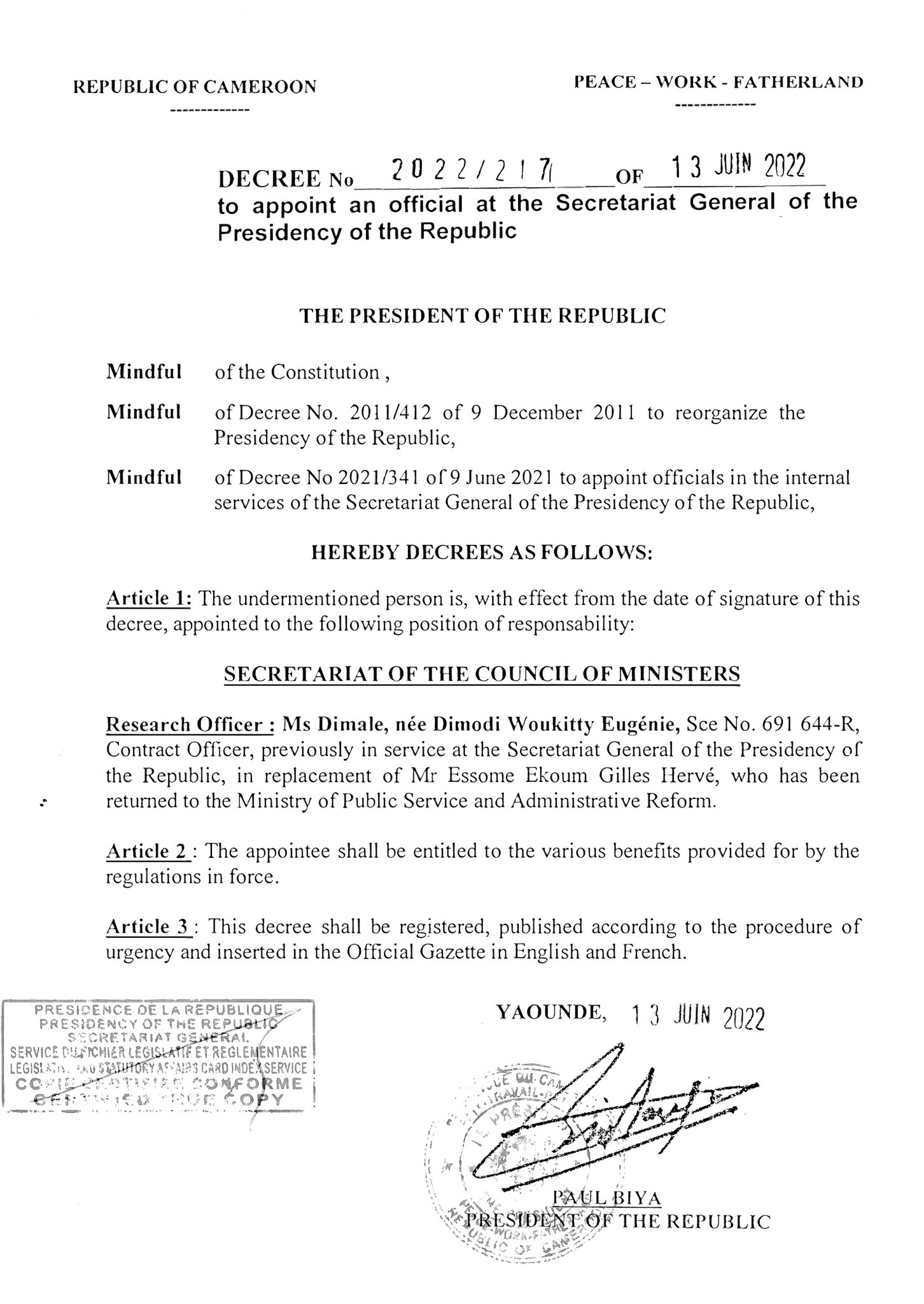 President Paul BIYA on Twitter "Ms Dimale, née Dimodi Woukitty Eugénie