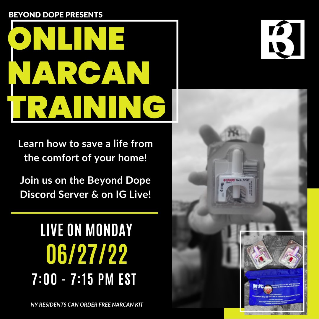 LiveBeyondDope's tweet photo. We’re hosting an ONLINE #NARCANTRAINING on MONDAY, 6/27 @ 7pm EST via IG LIVE and the #BeyondDope Discord server
LEARN HOW TO IDENTIFY AN OPIOID OVERDOSE AND EFFECTIVELY ADMINISTER #NARCAN!
join our discord server: https://t.co/TpiNcliKq8
follow us on IG:
https://t.co/iCapTcb2Vr https://t.co/0VqDgtbbHN
