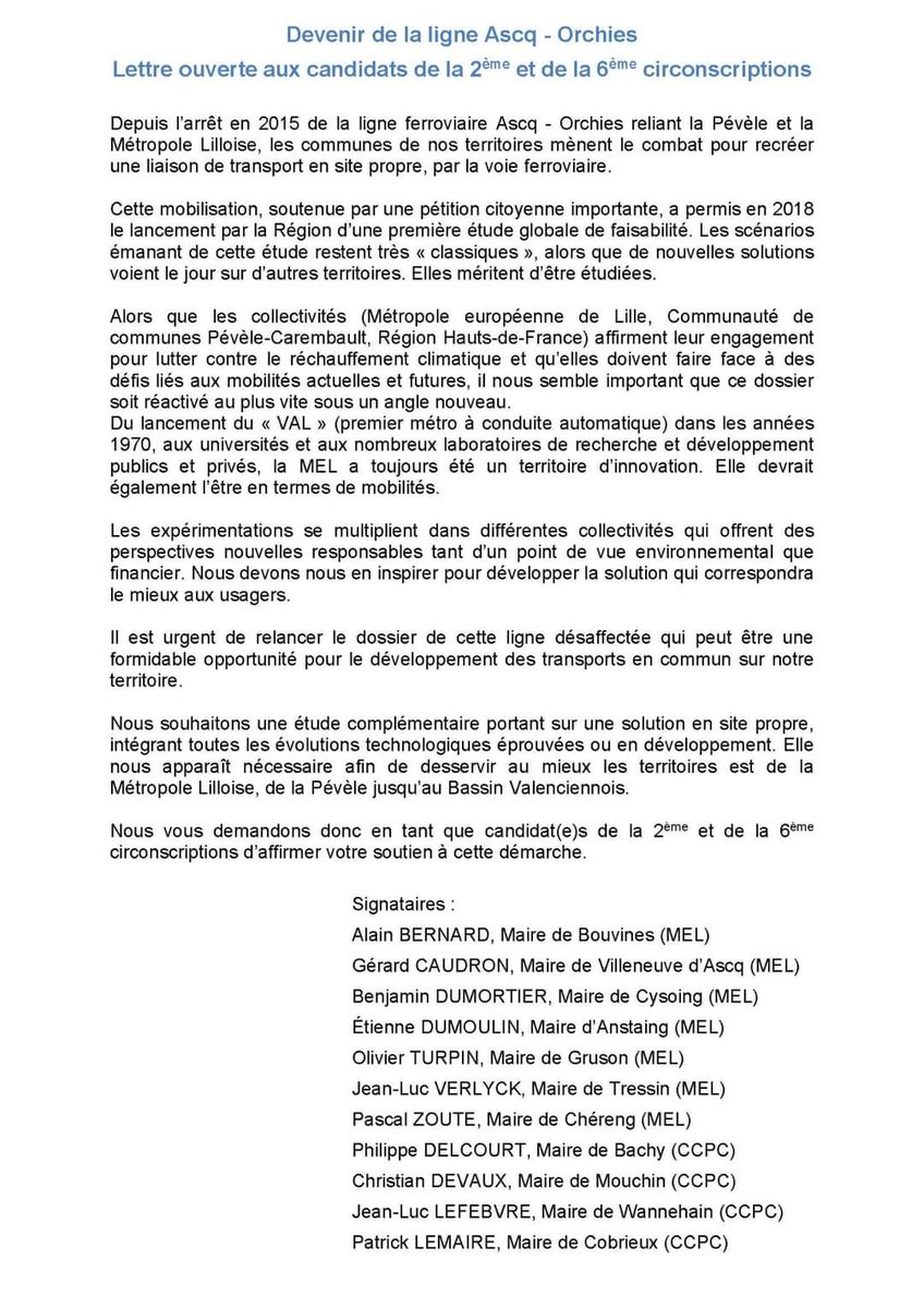 VioletteSalanon's tweet photo. Devenir de la #LigneAscqOrchies
Réponse de @elegeest #RudyElegeest à la sollicitation des 11 maires (dont @CaudronGerard ) impliqués dans le combat pr recréer une liaison de transport en site propre, par la voie ferroviaire.#legislatives2022 #c5902 #mobilité #travaillerensemble https://t.co/IrHUE12K1J