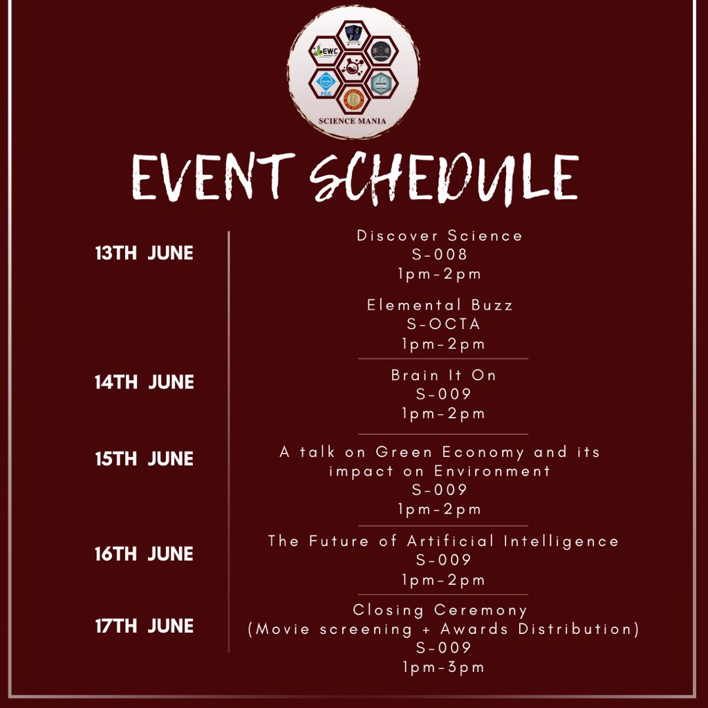 ACMFCCU's tweet photo. “The wait is over. 
SCIENCE MANIA IS FINALLY HERE. 
Mark your calendars for the schedule 📝⏰🚩
It would a combo of exciting and engaging events.” https://t.co/aPn30o2ykV