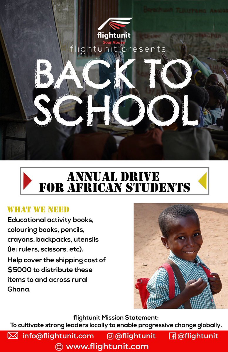 flightunit's tweet photo. We invite you to be a part of flightunit’s 1st Annual Back-To-School Drive for Students in Africa! Help us put books, crayons, backpacks and more into young children’s lives by clicking the link below!
https://t.co/2lbYPMxrdb
#gratitude #leadership #africa #school #flightunit https://t.co/RZt07R9Wbl