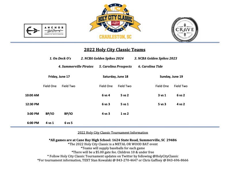 2022 HCC schedule for this weekend in Charleston. Some really good teams coming to town this weekend! #HCC #anchorbatco #cravehospitality