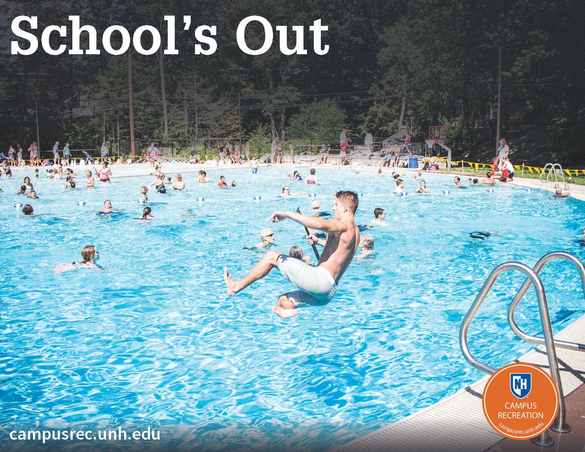 You're invited! Join UNH Campus Rec at the Outdoor Pool on June 22nd from 4pm-7pm for the School's Out Summer Kick Off Party. Free entry for all! Play lawn games, go for a swim, grab a snack from the snack bar and celebrate summer vacation! More info: campusrec.unh.edu/outdoor-pool