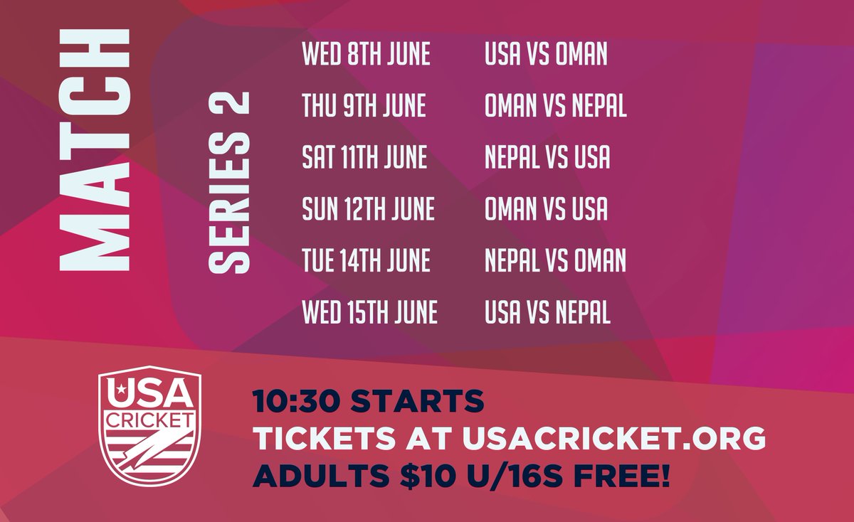 usacricket's tweet image. FINAL 2 GAMES! It's been a series that's had it all - come and experience the final two games in person by getting your tickets online here - BUY NOW: usacricket.org/tickets/

TUESDAY: 🇳🇵 vs 🇴🇲
WEDNESDAY: 🇺🇸 vs 🇳🇵

#WeAreUSACricket🇺🇸