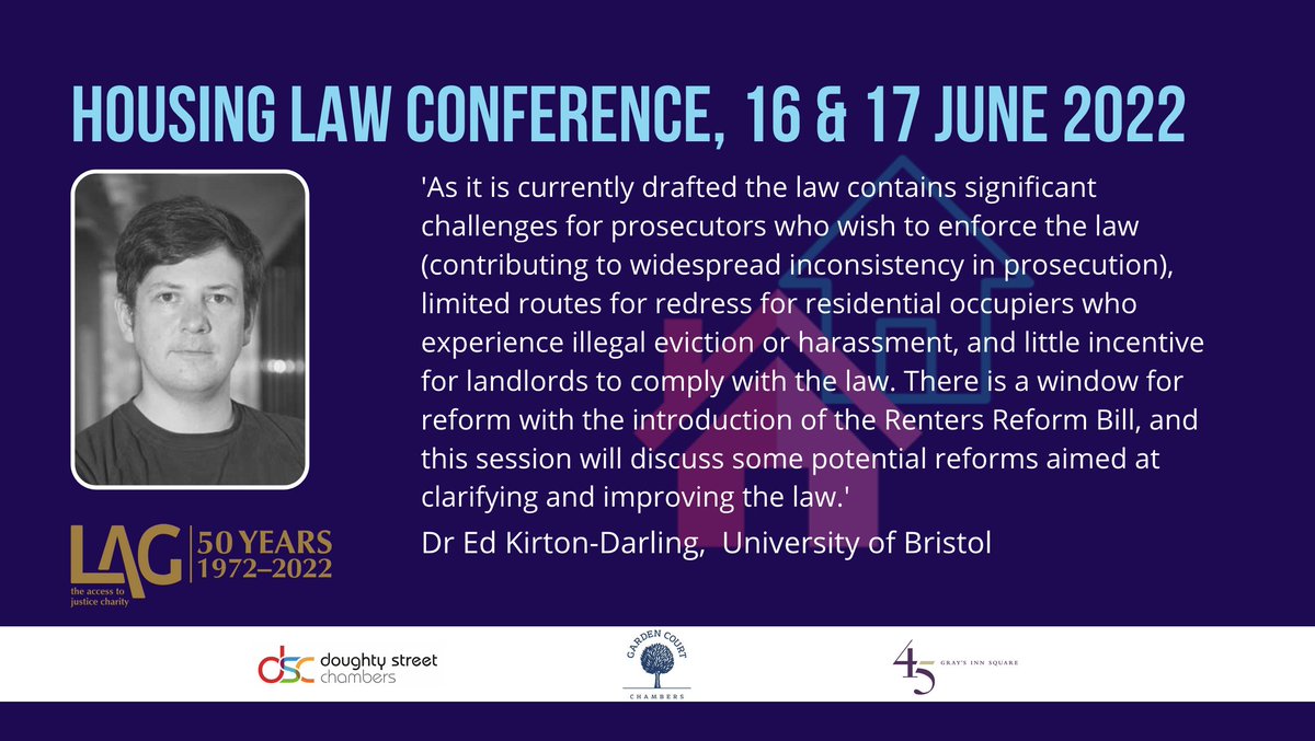 LagEvents's tweet photo. Only one day until bookings close! Book now to secure  your space on the @LegalActionGrp Housing Law Conference 2022. @EdKirtonDarling, Helen Carr and @BenreeveLewis present 'Illegal eviction &amp; harassment: current failings &amp; proposals for reform'  https://t.co/CrM7UsjRoP https://t.co/aX93AOY4qp