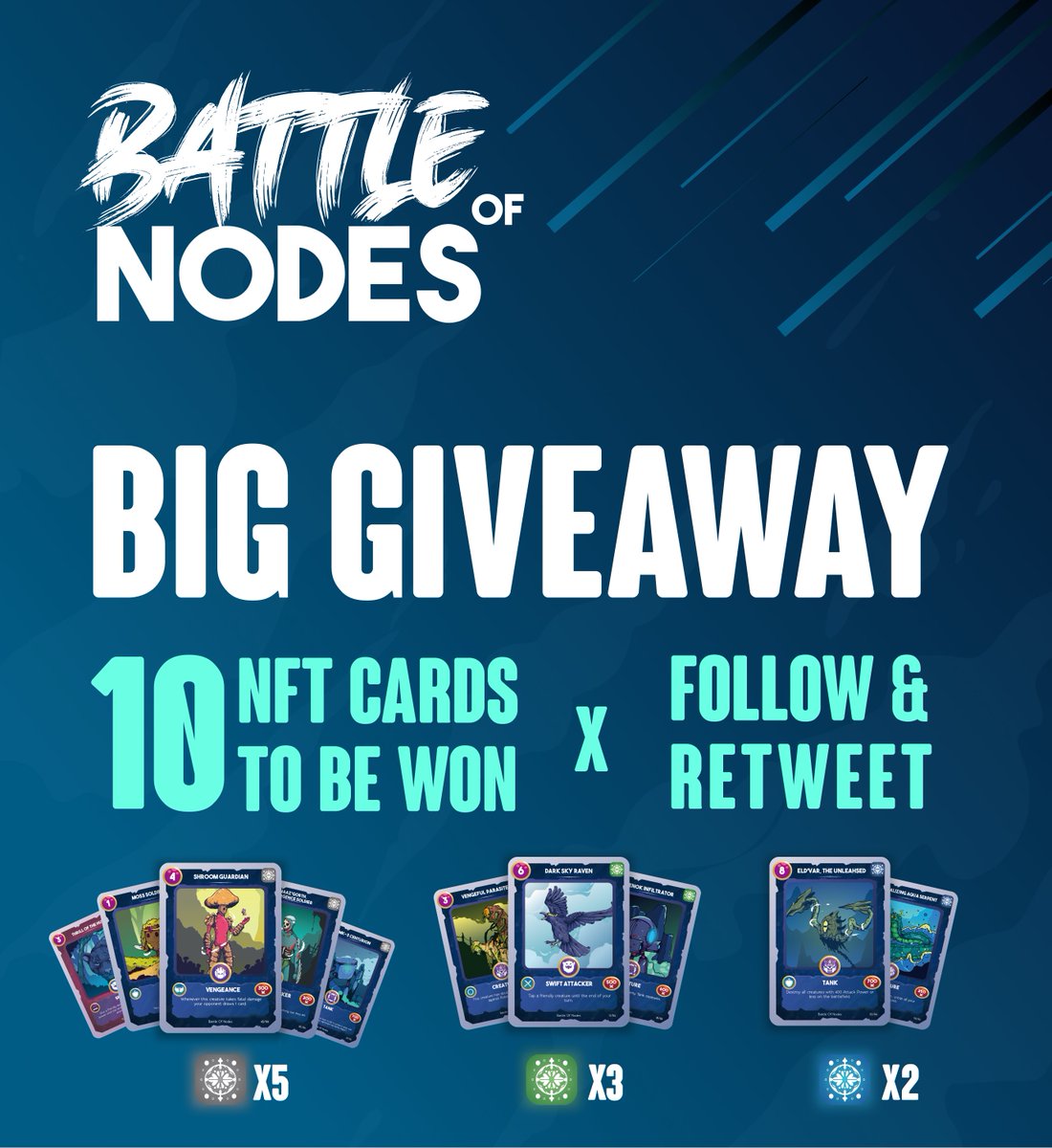 It's time to celebrate our upcoming Booster Pack mint on the 17th with a big giveaway! 🥳🃏

🏆 3 lucky winners will receive one of the 3 sets of cards

⭕1. Follow <a href="/BattleOfNodeNFT/">Battle Of Nodes ⚔️</a>
⭕2. Retweet
⭕3. Tag a friend who loves card games

📅 Draw - June 16th. Good luck to all!