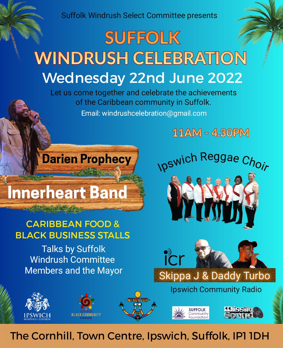 IpswichEnts's tweet photo. This year's Suffolk Windrush Celebration will be held on the Cornhill from 11am-4.30pm on Wednesday 22 June. There will be lots to enjoy, including Carbibbean food and music! https://t.co/xLaGWndYoX