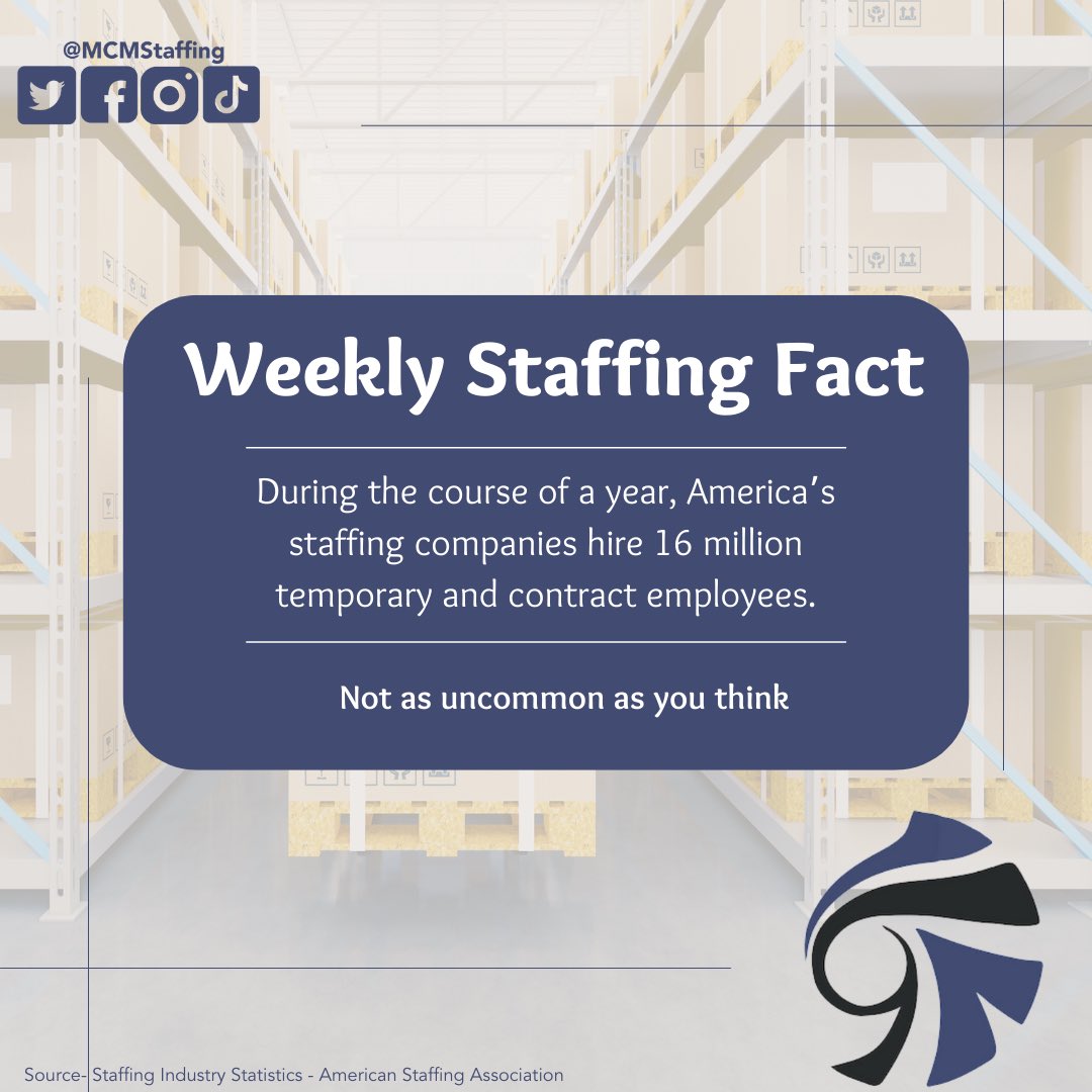 16 million people found jobs through staffing companies last year.

Join the masses, give us a call. 

We will have a recruiter work directly with you to get you in your perfect job.
#jobswithbenefits #goodpayingjobs #flexibleschedules #jobsearch #hiring #applynow #mcmstaffing