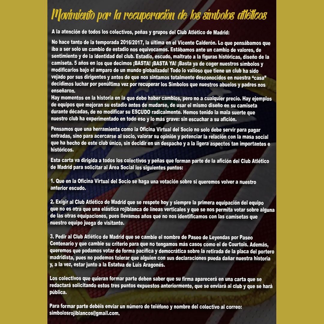 sedeatmloranca's tweet photo. Varias peñas y colectivos nos estamos uniendo para enviar un escrito conjunto al @Atleti el lunes 20 de junio. ¡Únete con nosotros!

Es el momento de despertar y luchar por lo nuestro antes de que sea más tarde. 

¡Basta ya de atropellar nuestros símbolos!

#AtleticoDespierta https://t.co/LgbXpFfPlj