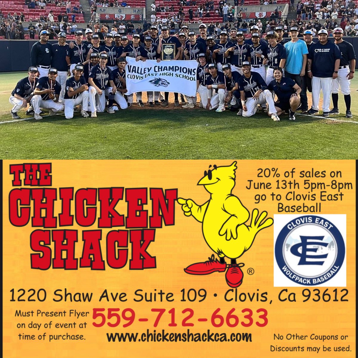Make sure you stop by and grab dinner tonight from @chickenshackclovis between 5pm-8pm. Present this flyer while ordering and Chicken Shack will donate 20% towards our Valley Championship rings! #GoPack #mgis