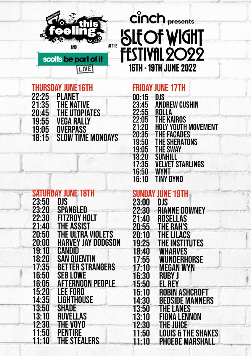 Stage times for the @this_feeling with @scottsmenswear stage at @IsleofWightFest are now here 👇 We open the stage at 16:10, see you on the Isle Friday 🦖🦖