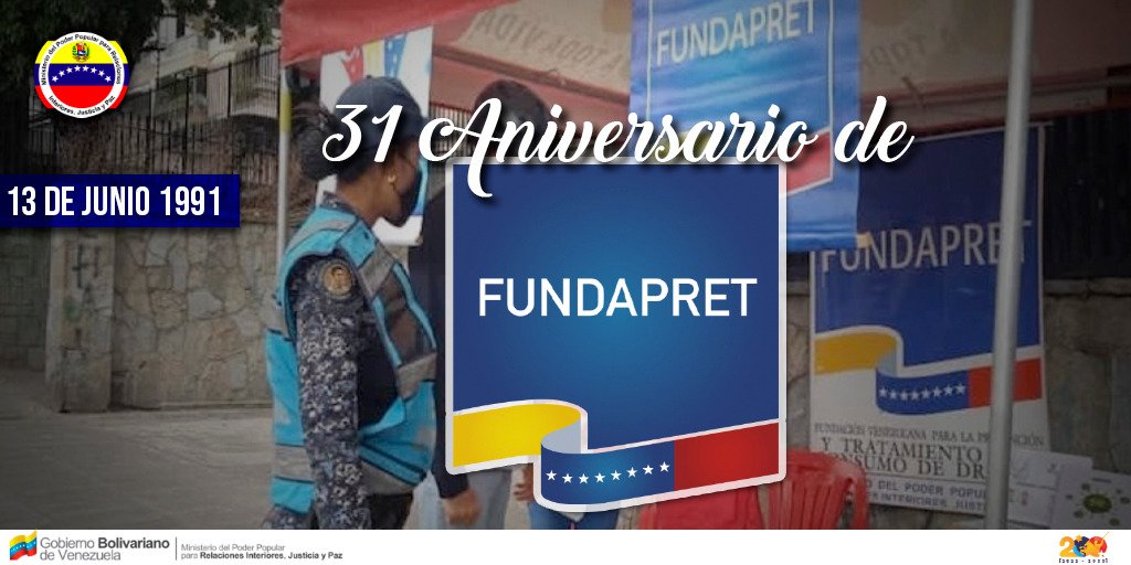 #13Jun| El <a href="/MIJP_Vzla/">MPPRIJP</a> felicita a la <a href="/FundapretM/">FUNDAPRET MIJP</a> por arribar a sus 31°Aniversario, fundación venezolana que ayuda a la prevención y tratamiento del  consumo de sustancias ilicitas. #MundoDePaz