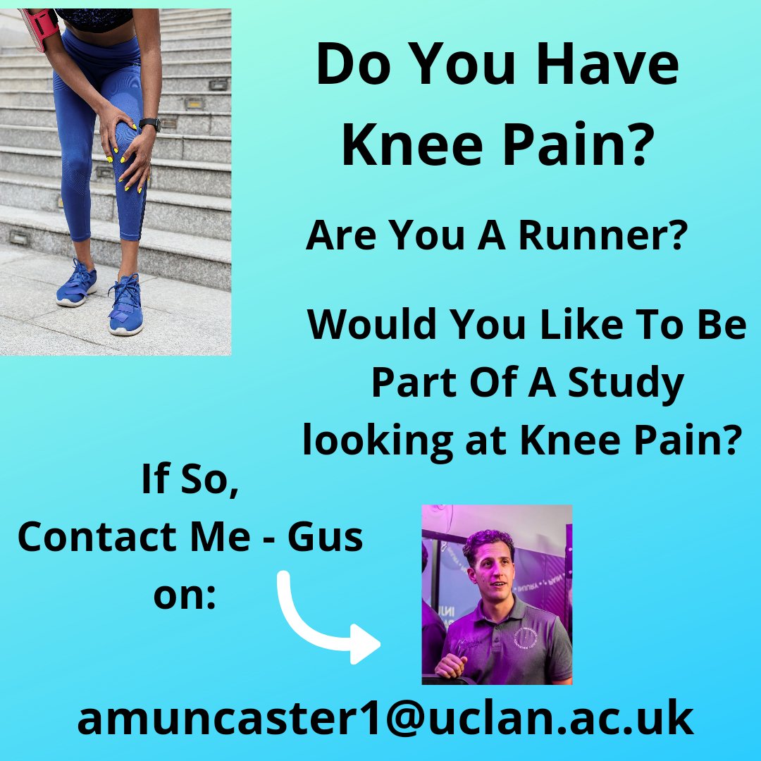 📢Participants needed for my masters research. If you have knee pain and run, get in touch on amuncaster1@uclan.ac.uk

🏃Or if you know any runners, clubs, gyms etc please feel free to share!

📍Based at Leyland near Preston or Bolton, Greater Manchester! 

🙏Thanks in advance