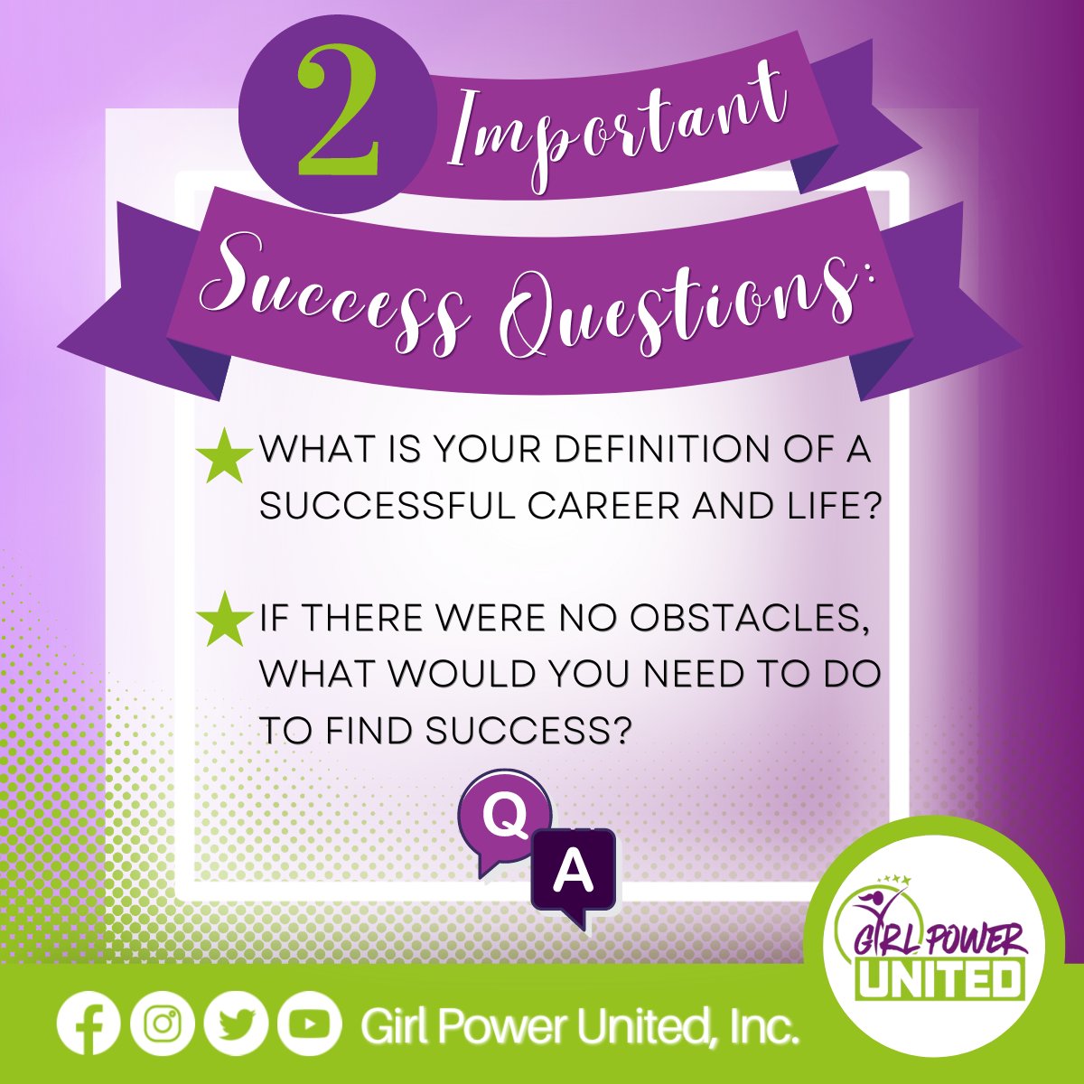 GirlPowerUnited's tweet photo. 2 Important Success Questions:
1. What is your definition of a successful career and life?
2. If there were no obstacles, what would you need to do to find success?
#AnswerBelow #2ImportantQuestions #SuccessQuestions #GirlPowerUnited #GirlPower #SuccessMindset #LeadToImpact https://t.co/FFoWzPQ3Cu