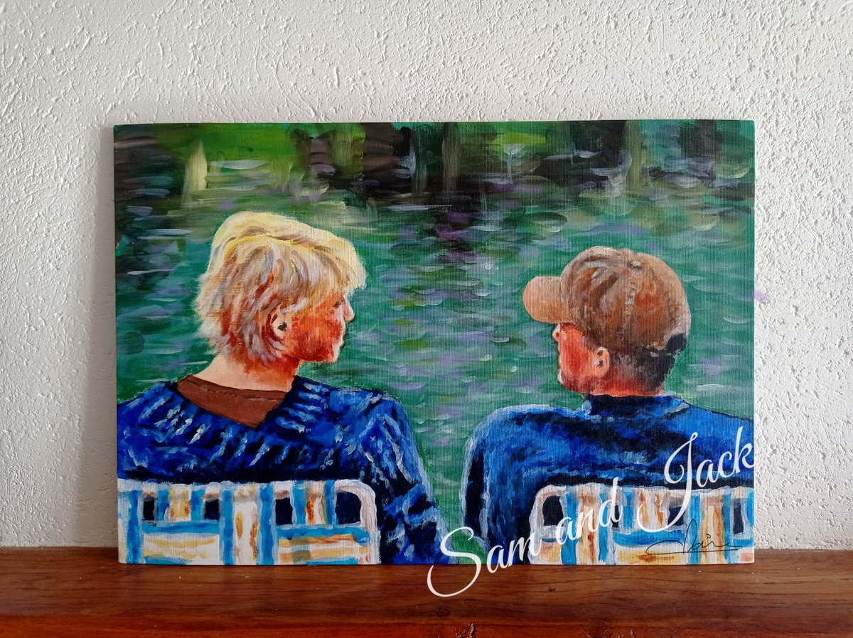 My new painting finished of a so lovely scene from Threads. #SamAndJack #StargateSG1 THE fishing scene ☺️🎣💕 There is just one small detail missing that I will do tomorrow. I couldn't resist sharing it with you though ☺️. #nofilters . More than 16 hours of work on this one. ✨💛