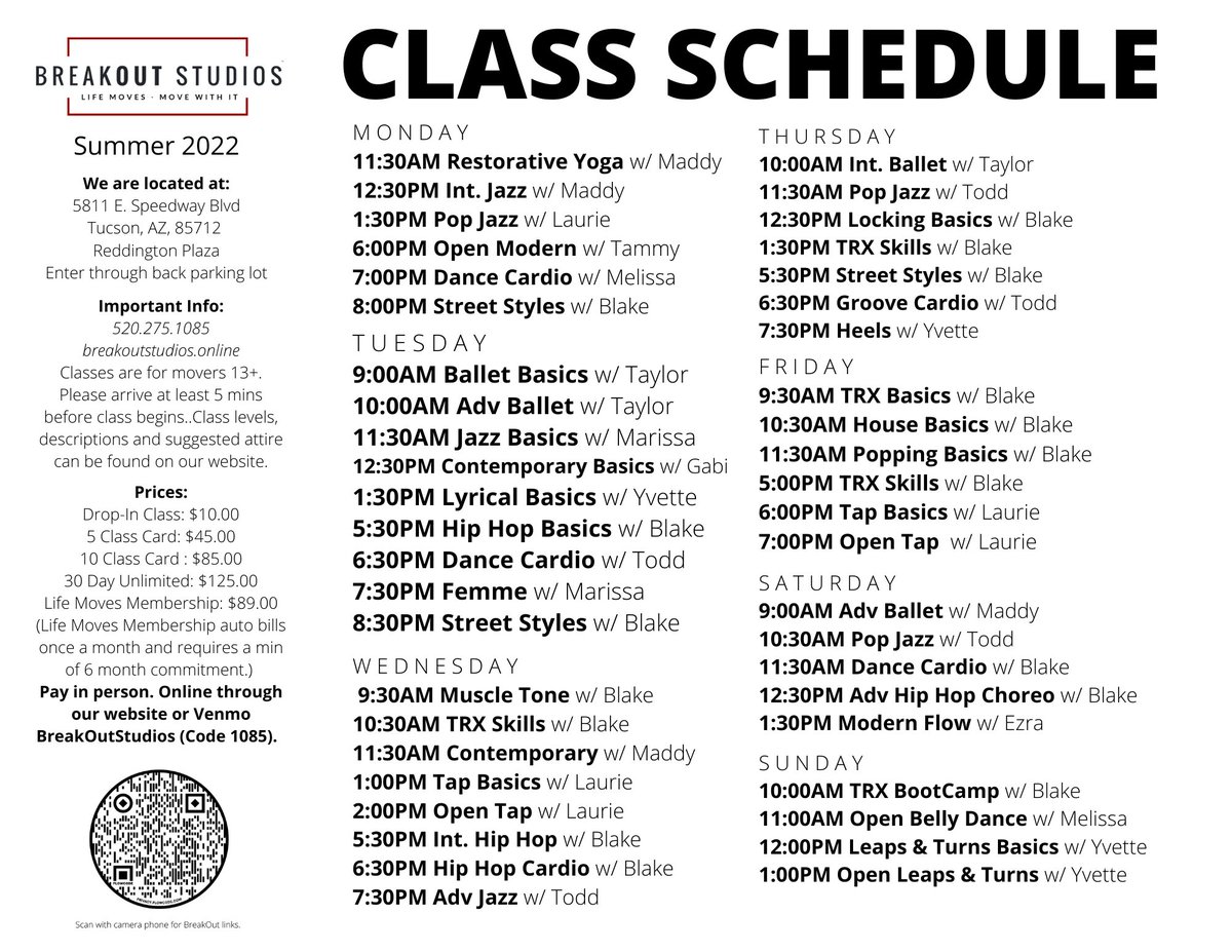 BreakOutStudios's tweet photo. Updated Schedule: 6/13/22
Hello #friends we have updated our #Summer schedule.
Sat #HipHop is now ADV. 
Street Styles is BACK on Tuesday nights 8:30pm. 
We have added a #TRX SKILLS Friday at 5pm. 
MOVE more with us! 

#breakoutstudios #classes #tucson #thisistucson #studio https://t.co/5xhHqBj7o9