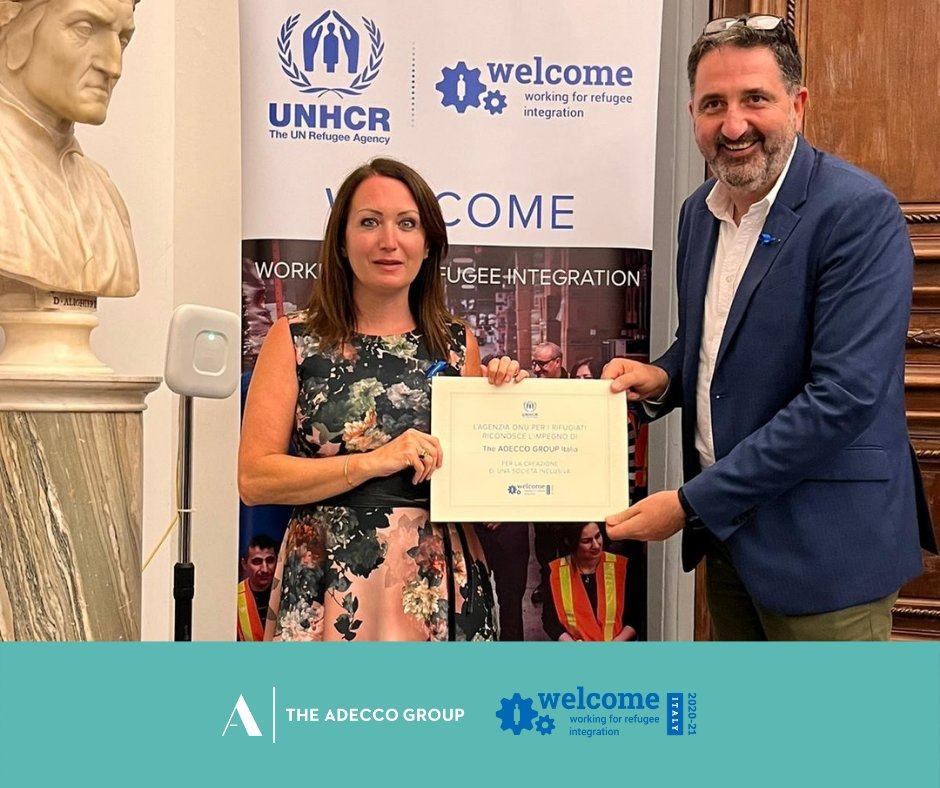 AdeccoGroupITA's tweet photo. Siamo orgogliosi di ricevere oggi il premio "Welcome - Working for refugee integration" da parte di @UNHCRItalia, che per il quarto anno consecutivo ha voluto riconoscere il nostro impegno nella costruzione di un #mondodellavoro sempre più inclusivo. https://t.co/VBYp71nKvW