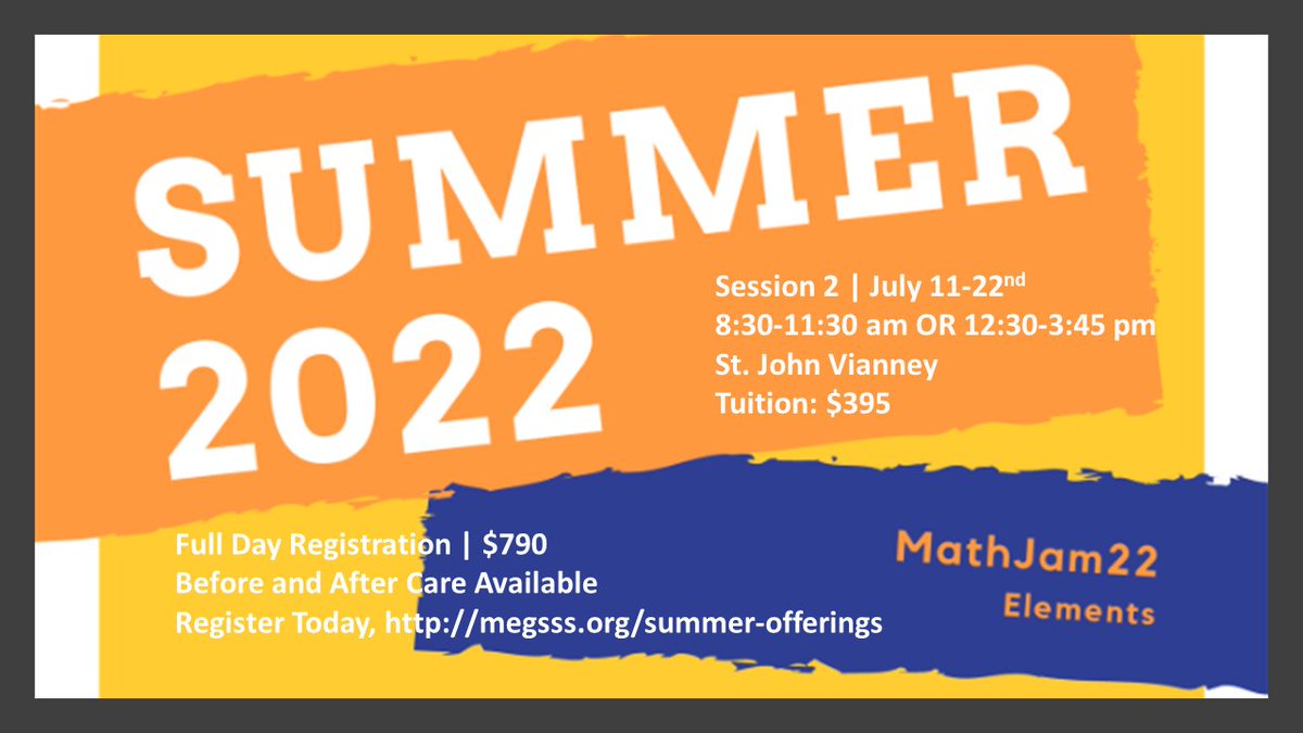 ProjectMEGSSS's tweet image. Have you registered for Summer yet?! MathJam22 is live and in-person, visit bit.ly/3MGNOzC or see the image post for more details. #MEGSSS #MathJam #MathForward #MathIsFun #MathSummerCamp #STEM 🧮 😍 💻