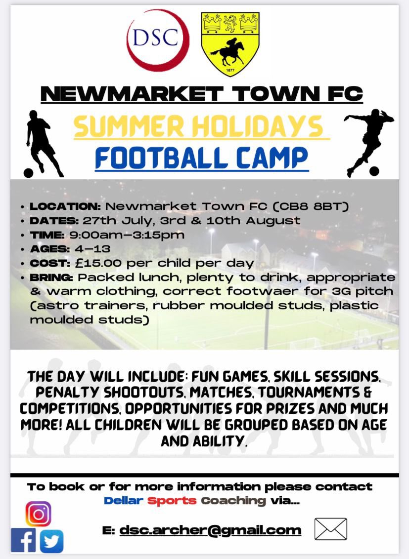 NewmarketTownFC's tweet image. Summer Holiday Football Camps at Newmarket Town FC run by DSC 💙❤️

📅 27th of July 
📅 3rd &amp;amp; 10th August 

To register please contact us or email dsc.archer@gmail.com  

@Dellar_SC