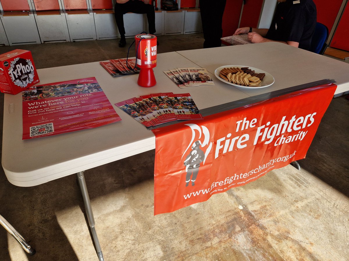 HenfieldFire's tweet photo. Half an hour to go! Appliance sparkling In the sunshine, kettles on, biscuits are out and our station manager @fezza0467 is the first guest of the evening! Looking forward to seeing you all soon. #BrewWithTheCrew #firefighterscharity #TyphooTea #WSFRS #Stn56 https://t.co/CoVhcG1wuy