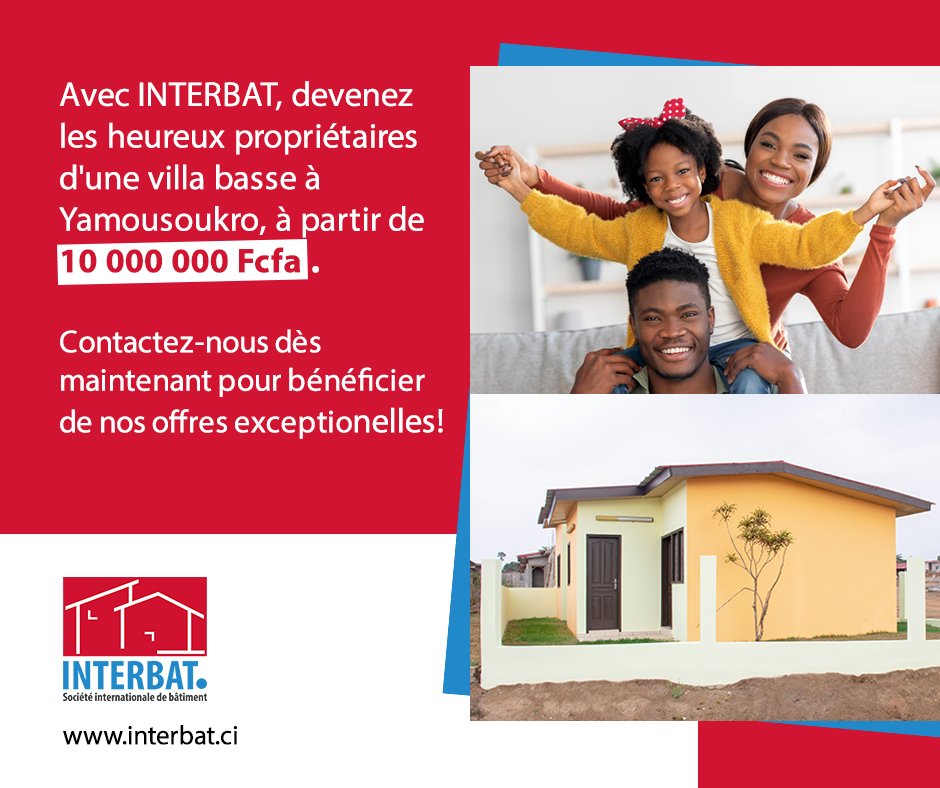 InterbatCI's tweet photo. Chez INTERBAT, vous pouvez devenir l'heureux propriétaire d'une villa basse de notre programme les "Résidences Yakro" avec 10.000.000 fcfa.
Rendez-vous sur https://t.co/1nPachxTJi pour plus d'infos.
#Interbat #BatisseurDurable #ResidencesYakro https://t.co/r7fFxvn3We