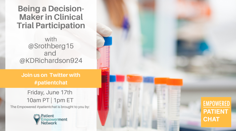 patientchat's tweet photo. Don't miss our Empowered #PatientChat, "Being a Decision-Maker in Clinical Trial Participation" on Twitter Spaces with @Srotberg15 and @KDRichardson924 on Friday, June 17th @ 10 AM PT/ 1 PM ET. 

https://t.co/3IphavcM1X https://t.co/rYyqZbrTA0