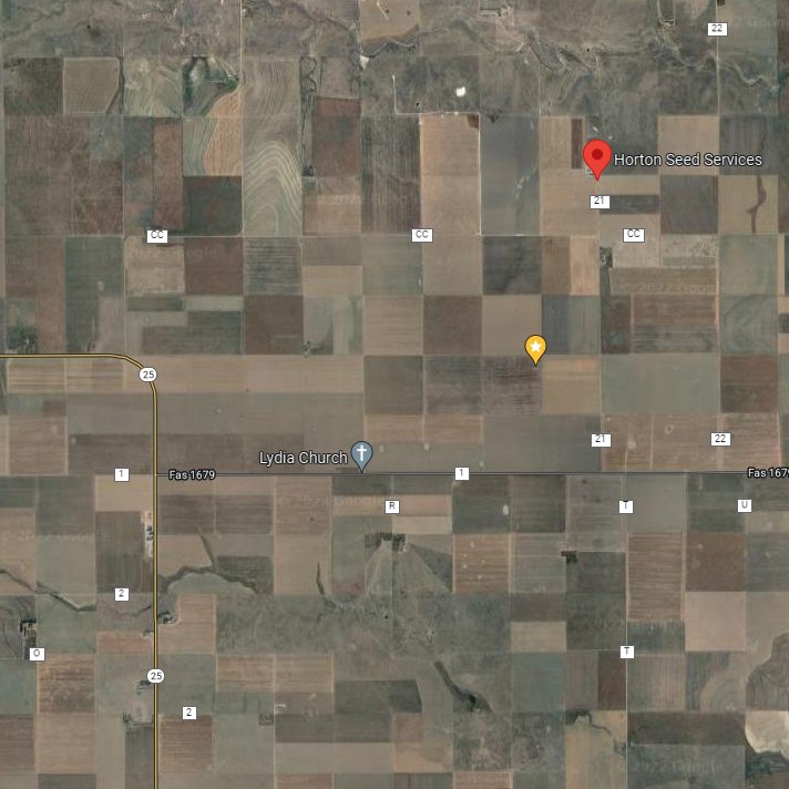 Our Horton Seed Services Field Day will be Wednesday June 15th at 5:30 p.m. Field is located 1.5 mi South and 0.5 mi West of our HQ, the Gold star on the attached Map. We will have food and drinks at our HQ after the field tour. Contact Alec 620-214-2417 to RSVP or for Directions