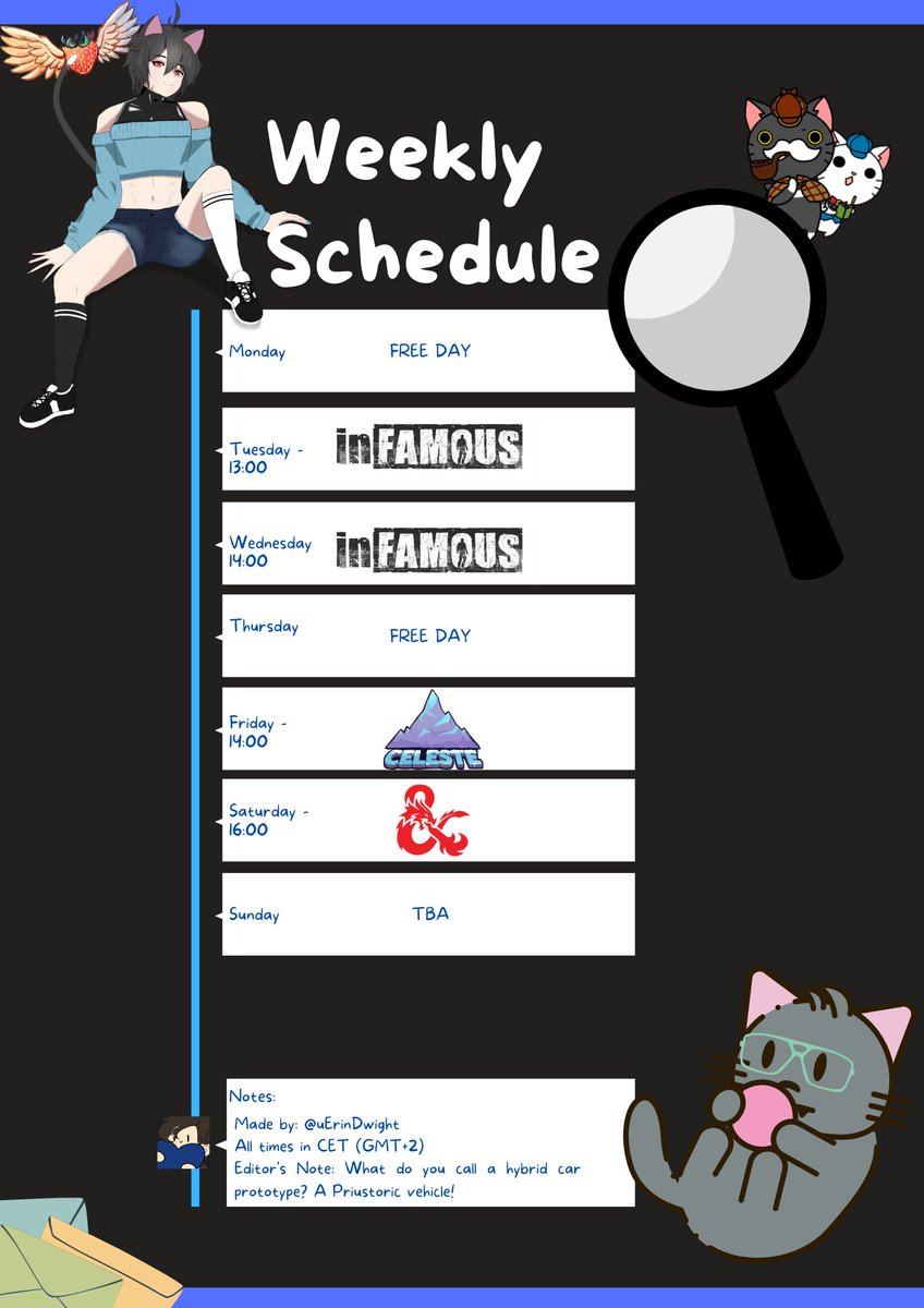 WyndyVossler's tweet photo. The schedule this week! Hopefully this is the last time I delay celeste again 😆
#vtuber #envtuber https://t.co/vkqDyv4m1x