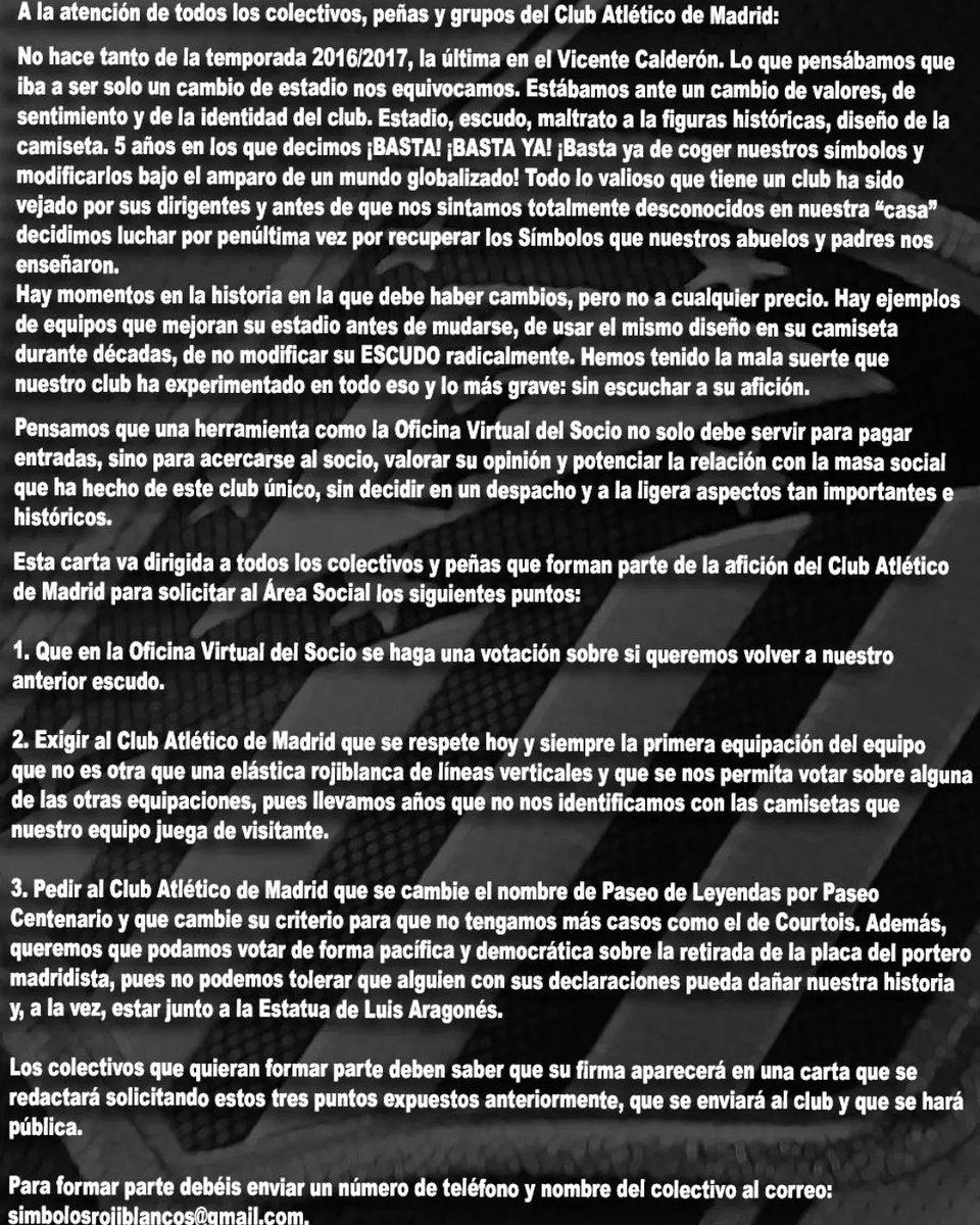 EscudoAtleti1's tweet photo. @Atleti Varias peñas y colectivos nos estamos uniendo para enviar un escrito conjunto al @Atleti el lunes 20 de junio. ¡Únete con nosotros!

Es el momento de despertar y luchar por lo nuestro antes de que sea más tarde. 

¡Basta ya de atropellar nuestros símbolos!

#AtleticoDespierta https://t.co/C3TH84uXDr