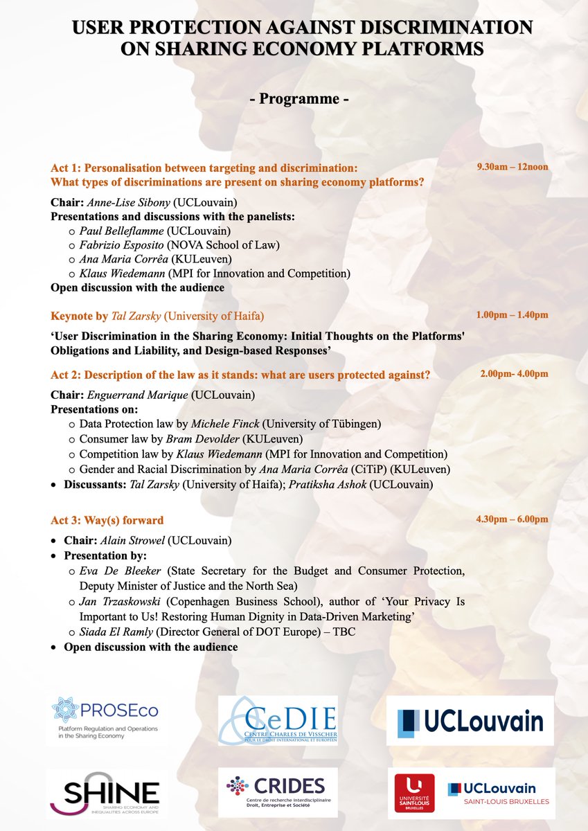 AnneLiseSibony's tweet photo. June 20th: Join our conference User protection against discrimination on sharing economy platforms with @PaulBelleflamme @espositofabriz @EvaDeBleeker @AlainStrowel @Enguerrand_M @BramDevo and more Register at https://t.co/bQSg3lW69T Join online: https://t.co/Jep77w9Z3X https://t.co/yCi2Hdl8qF