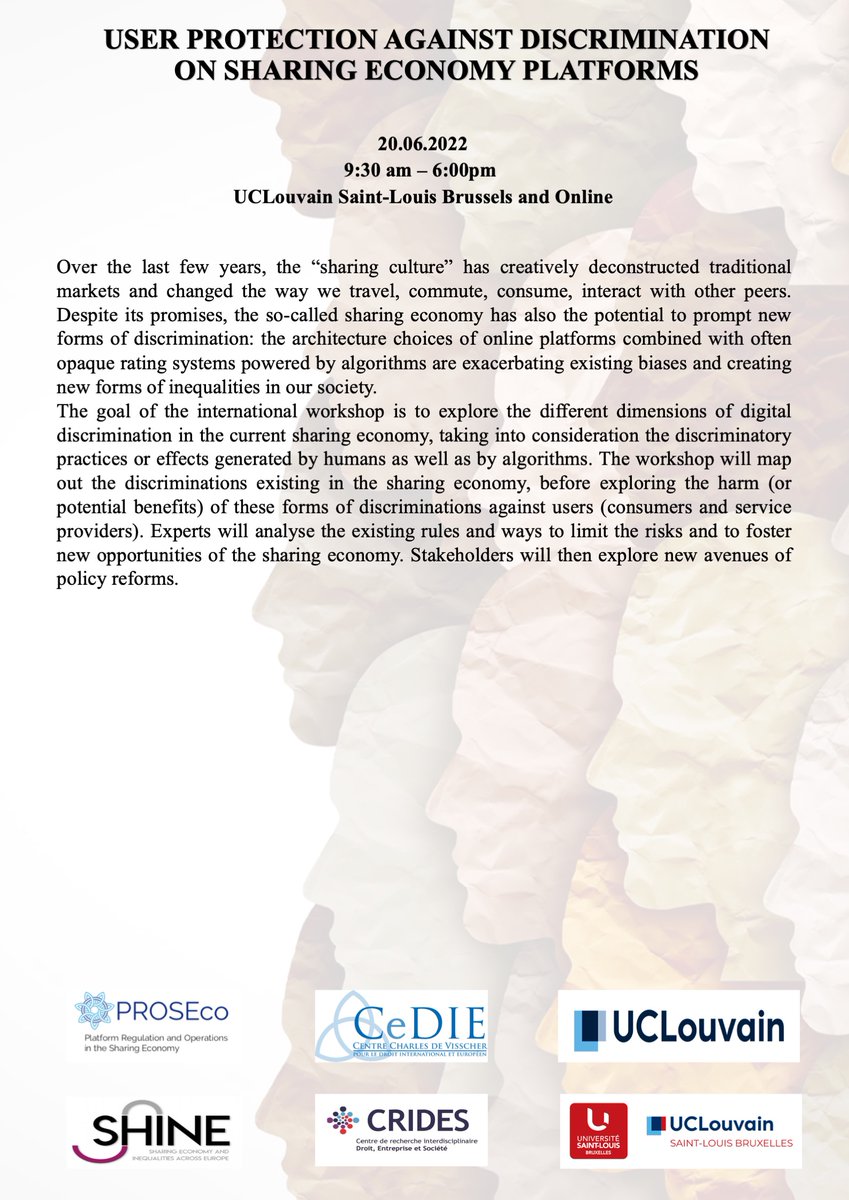 AnneLiseSibony's tweet photo. June 20th: Join our conference User protection against discrimination on sharing economy platforms with @PaulBelleflamme @espositofabriz @EvaDeBleeker @AlainStrowel @Enguerrand_M @BramDevo and more Register at https://t.co/bQSg3lW69T Join online: https://t.co/Jep77w9Z3X https://t.co/yCi2Hdl8qF