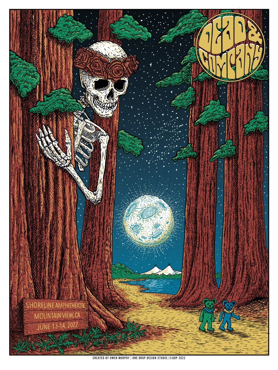 deadandcompany's tweet photo. Settling in for two nights at @ShorelineAmp!🌕🌹 Doors: 5:30pm PT / Showtime: 7pm PT. Live show will be available at https://t.co/BTNKOgLO8d.⁣⁣⁣⁣ #DeadAndCoTour22 
⁣⁣⁣⁣⁣
🎨: @One_Drop_Design https://t.co/IULK2oiRqY