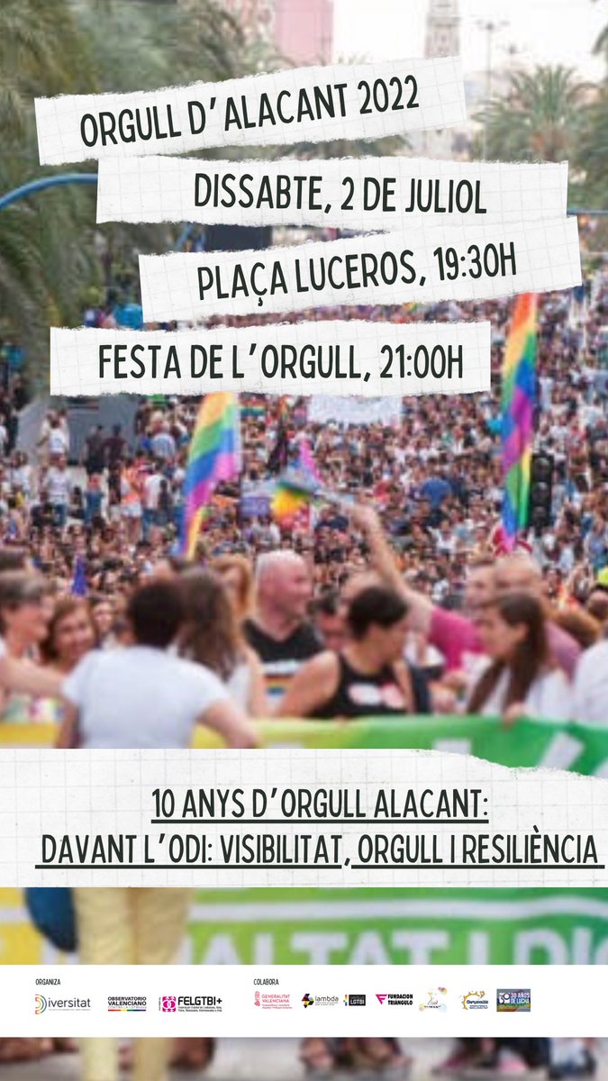 ORGULLOALACANT's tweet photo. ✊🏿Vuelve el #OrgulloAlicante

🏳️‍🌈Te esperamos el próximo 2 de julio en una manifestación más reivindicativa que nunca.

Nuestro lema➡️ Davant l’odi: Visibilitat, Orgull I Resiliència!

📅2 de julio.

🕣19:00h

📍Plaça de Luceros https://t.co/NPra0e5jGa