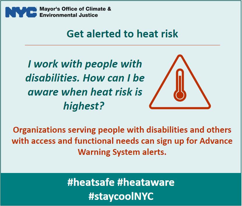 NYClimate's tweet photo. Get alerted to heat risk: If your organization serves people with disabilities and others with access &amp; functional needs, sign up for emergency alerts from @nycemergencymgt Advance Warning System: https://t.co/mKOkz3MbdJ #heatsafe #heataware #staycool @NYCDisabilities @NotifyNYC https://t.co/xVOBeI9e7W