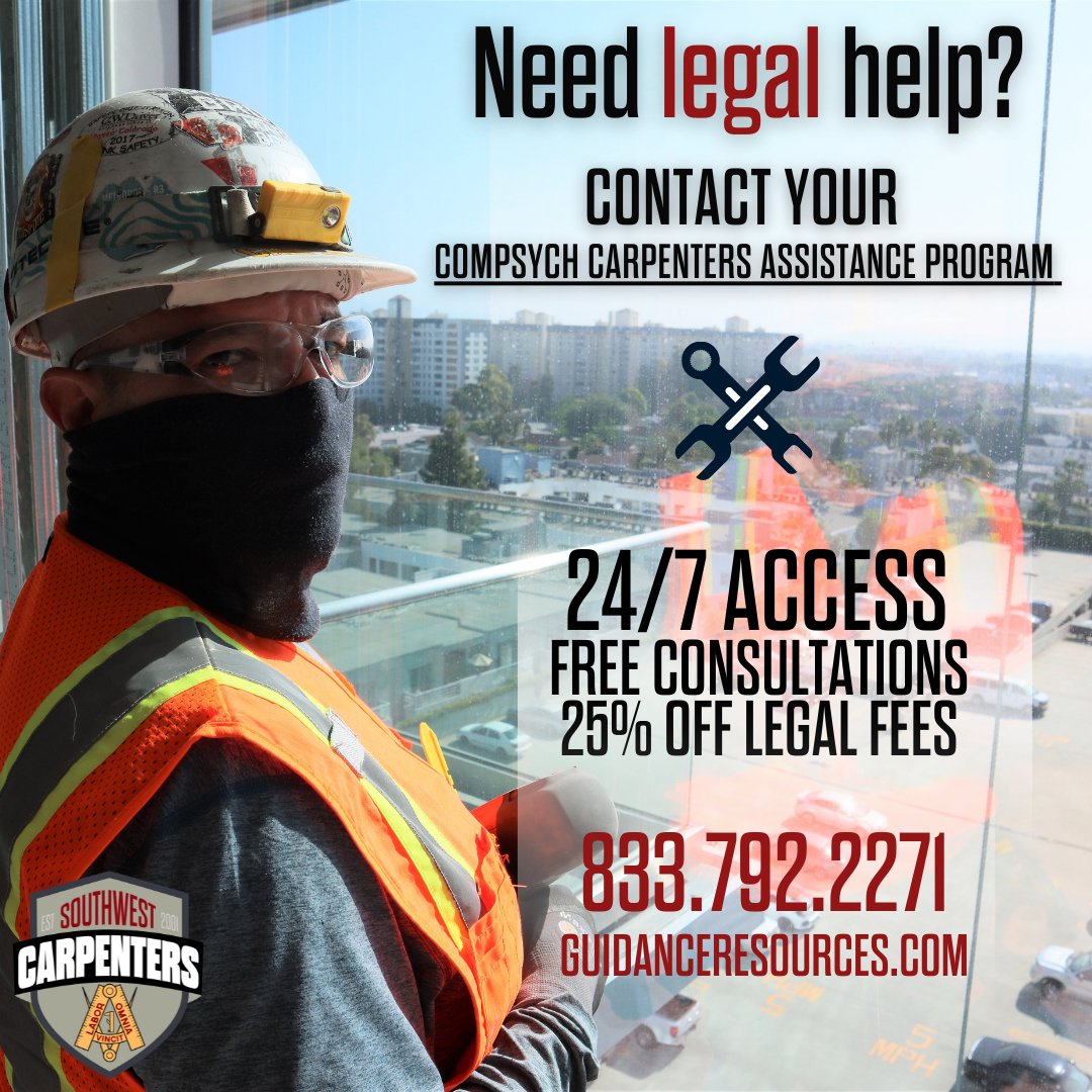 WSCarpenters's tweet photo. Need legal help, Carpenters? Contact Your ComPsych® Carpenters Assistance Program (CCAP)! This benefit is available for #SouthwestCarpenters and Family Members, 24/7. 

#SWCarpenters #BuildBetter #UnionCarpenters #Union #Brotherhood #WeBuildAmerica #UnionStrong #Carpenters https://t.co/wipQ8dhEs1